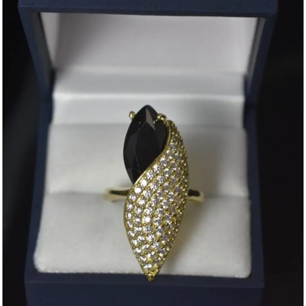 925 Sterling Silver Black Alpanite & CZ Ring Size 9